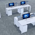 Modern Public Office Space with White Desks Computers Dividers and Filing Cabinets