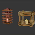 Two Wooden Candle Lanterns With Layered Structure Featuring Lit Candle Design