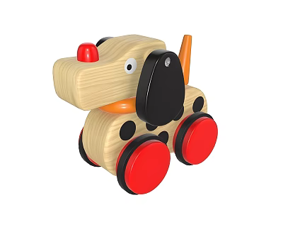 Wooden Dog Shaped Children's Toy With Red Nose Black Ears And Red Wheels 3d model