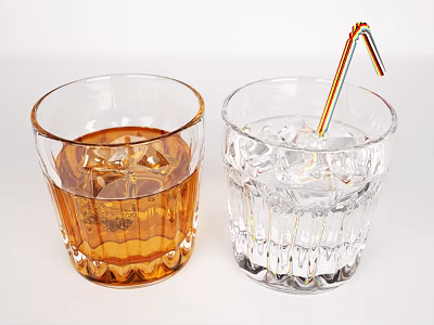 Two Crystal Cocktail Glasses With Brown And Clear Liquids Ice Cubes And Colorful Straw 3d model