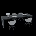 Modern Minimalist Desk Interior With Dark Wooden Top Table Lamp Open Books And Wheeled Chairs