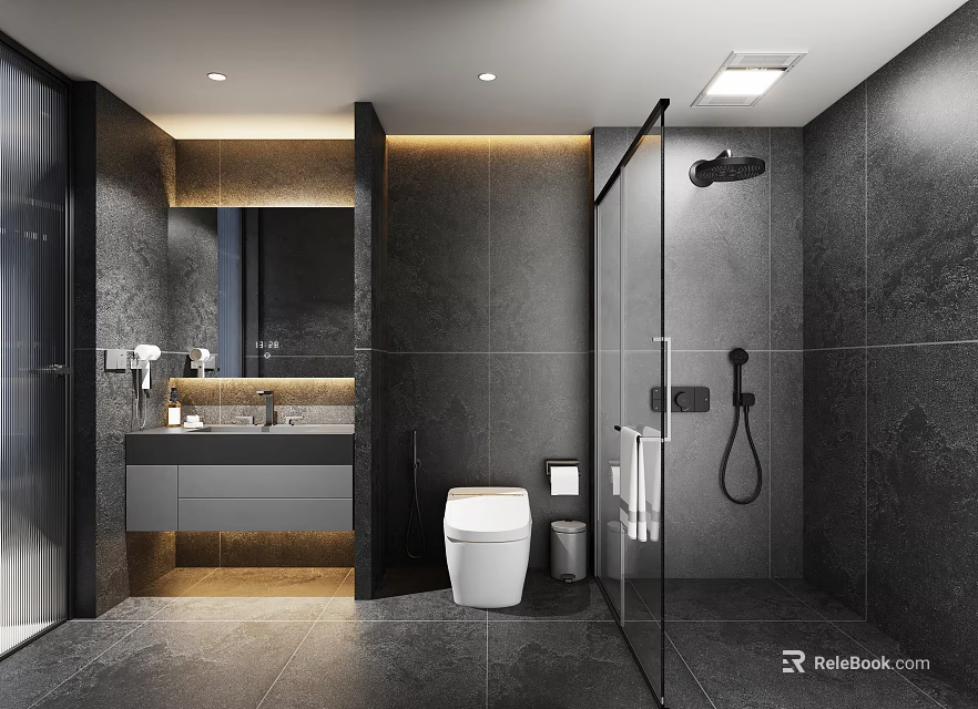 Modern Dark Stone Tiled Bathroom With Smart Toilet Hanging Vanity And Glass Shower Partition 3d model 