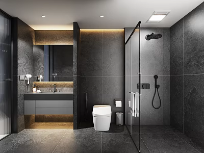 Modern Dark Stone Tiled Bathroom With Smart Toilet Hanging Vanity And Glass Shower Partition 3d model