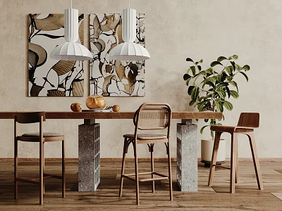 Stylish Wooden Bar Counter With Brown Stools White Pendant Lights Wall Art And Green Plant 3d model