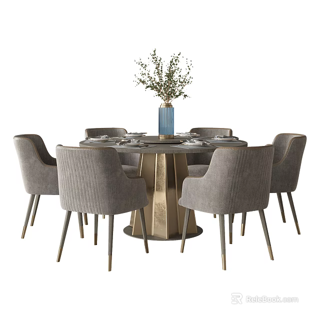 Modern Round Dining Table Set with Grey Chairs Metal Base and Greenery Vase 3d model