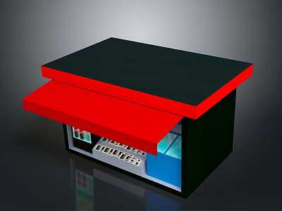Small Black Kiosk Structure With Red Awning White Keyboard Panel And Blue Section 3d model