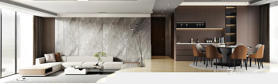Modern Open Living And Dining Room Interior With Grey Marble Wall Sofa And Floor Lamp 3d model 