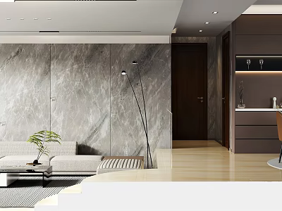 Modern Open Living And Dining Room Interior With Grey Marble Wall Sofa And Floor Lamp 3d model