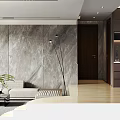 Modern Open Living And Dining Room Interior With Grey Marble Wall Sofa And Floor Lamp