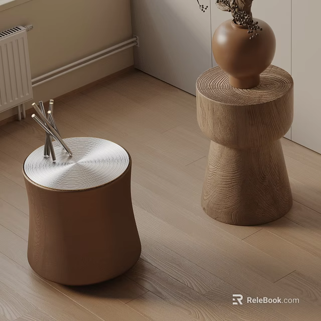 Modern Wooden Side Tables With Rounded Shape Natural Wood Grain And Spherical Ornament 3d model 