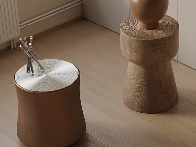 Modern Wooden Side Tables With Rounded Shape Natural Wood Grain And Spherical Ornament 3d model