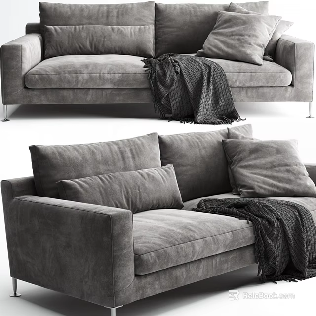 Gray Velvet Two Seater Sofa Upholstered with Soft Pillows and Cozy Knit Blanket 3d model 