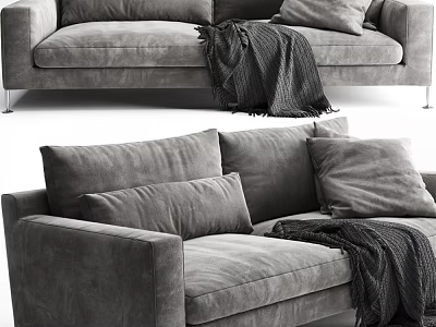 Gray Velvet Two Seater Sofa Upholstered with Soft Pillows and Cozy Knit Blanket 3d model
