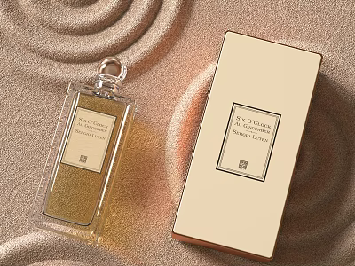 Luxury Perfume With Transparent Bottle Golden Liquid And Cream Packaging Box On Swirl Textured Background 3d model