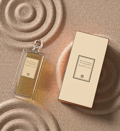 Luxury Perfume With Transparent Bottle Golden Liquid And Cream Packaging Box On Swirl Textured Background 3d model