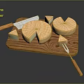 Fresh Delicious Cheese Pieces On Wooden Cutting Board With Knife And Fork
