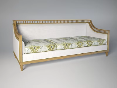 Three Seater Sofa with Wooden Frame Carved Backrest and Armrests and Patterned Cushions Design 3d model