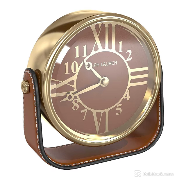 PH Lauren Gold Rimmed Desktop Clock With Brown Dial And Leather Strap 3d model 