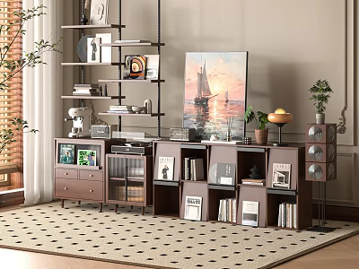 Elegant Bookcase With Open And Closed Compartments Books Photo Frames And Plants 3d model