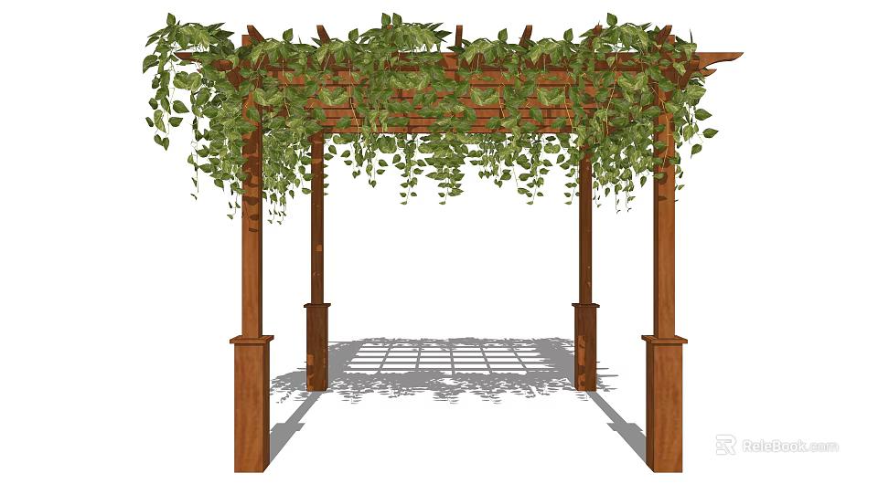 Outdoor Wooden Pergola With Lush Green Climbing Vines And Sunlight Shadow Patterns 3d model 