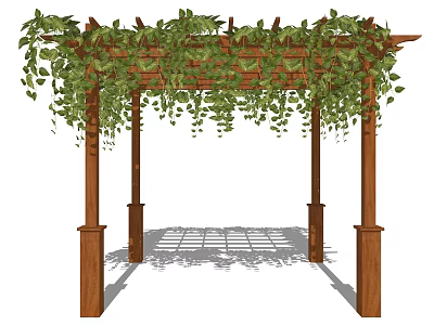 Outdoor Wooden Pergola With Lush Green Climbing Vines And Sunlight Shadow Patterns 3d model