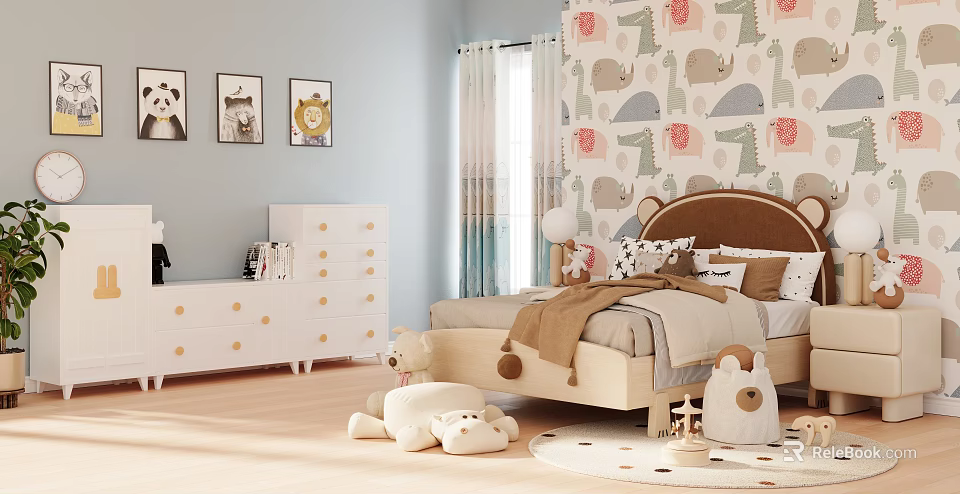 Cozy Kids Room With Animal Decor And Storage Furniture 3d model 