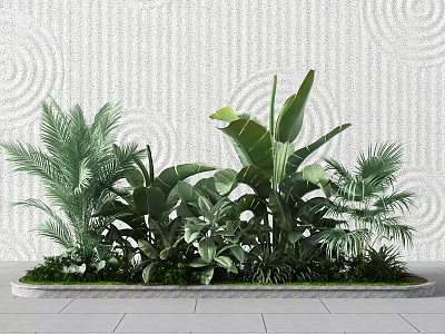Lush Green Tropical Plants With Palm Leaves And Banana Foliage Against Textured Wall 3d model