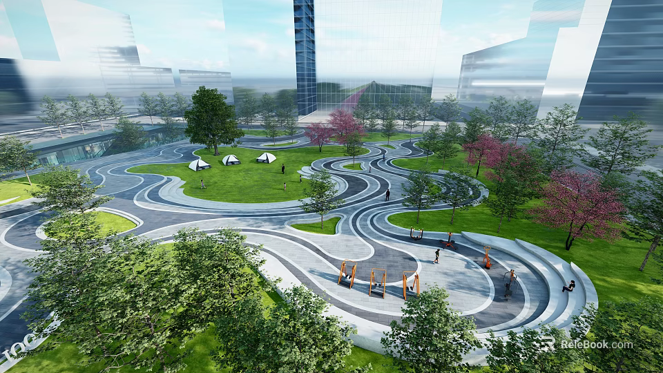 Urban Park Landscape With Curved Pathways Green Lawns Trees And People Walking 3d model 