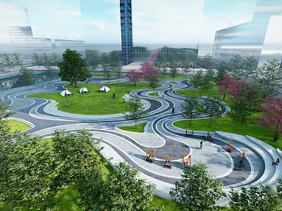 Urban Park Landscape With Curved Pathways Green Lawns Trees And People Walking 3d model