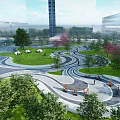 Urban Park Landscape With Curved Pathways Green Lawns Trees And People Walking