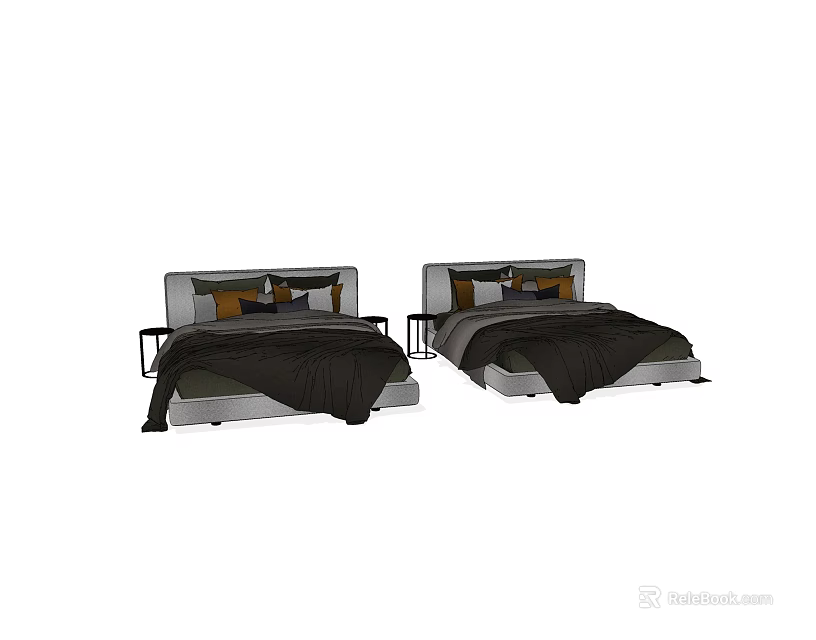Modern Double Bed With Headboard Design Bedding Pillows And Nightstands 3d model