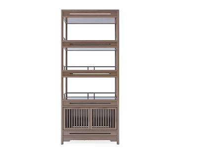 Traditional Brown Wooden Decorative Cabinet With Layered Shelves And Lattice Doors 3d model