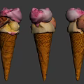 Three Tasty Waffle Cones Topped with Various Colorful Ice Cream Flavors