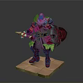 Armored Man in Ornate Armor Holding Weapon and Shield on Stone Platform