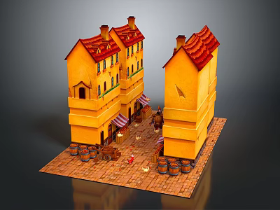 Charming European Town Scenery With Yellow Buildings Red Roofs Brick Street And Wooden Barrels 3d model