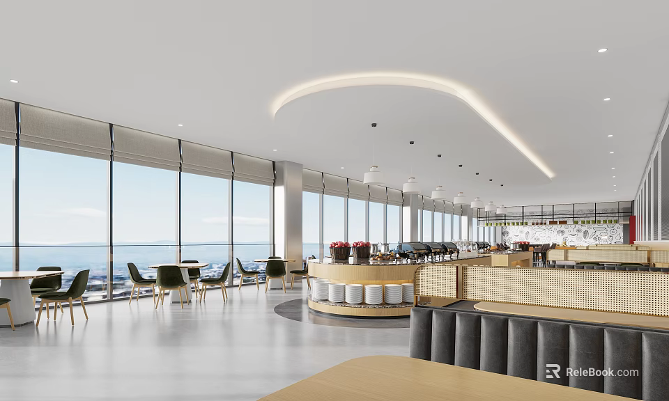 Modern Restaurant Interior With Large Windows Open Layout And Comfortable Seating Area 3d model 