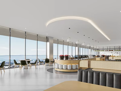 Modern Restaurant Interior With Large Windows Open Layout And Comfortable Seating Area 3d model