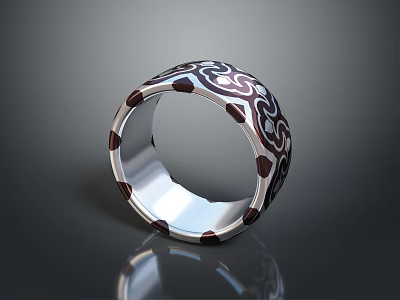Unique Silver Ring With Black And White Intricate Decorative Patterns 3d model
