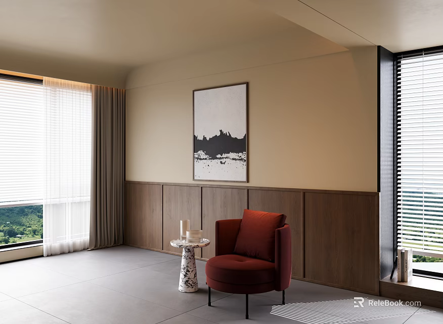Stylish Red Lounge Chair In Modern Room With Wooden Panel Walls And Green Outdoor View 3d model 