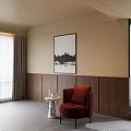 Stylish Red Lounge Chair In Modern Room With Wooden Panel Walls And Green Outdoor View