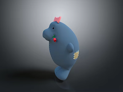 Cute Blue Stuffed Hippo Toy With Pink Bow Red Decoration And Yellow Flower 3d model