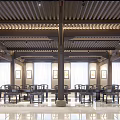 Traditional Chinese Meeting Room Interior With Wooden Structure Long Table Chairs And Wall Painting