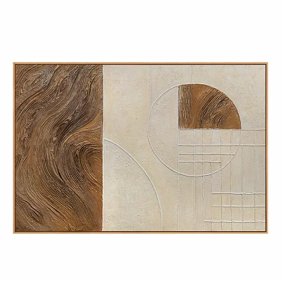 Geometric Wall Decor Featuring Wood Grain Circular Patterns and Beige Grid Lines Design 3d model