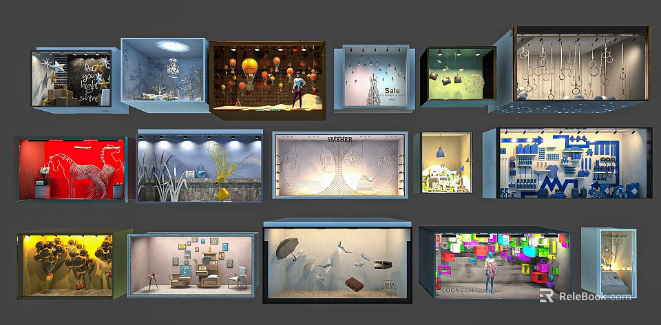 Diverse Creative Shop Window Displays with Decorative Elements Lighting and Scenic Designs 3d model 