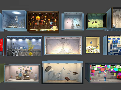 Diverse Creative Shop Window Displays with Decorative Elements Lighting and Scenic Designs 3d model