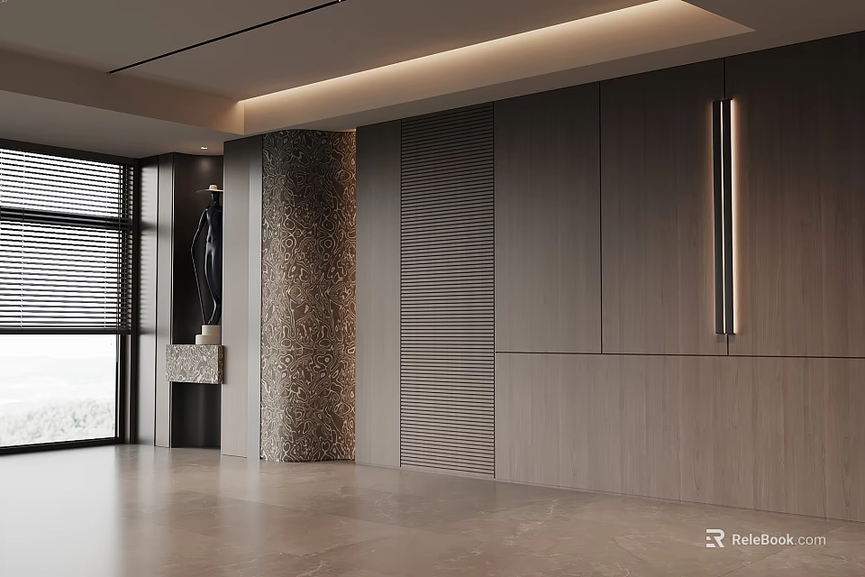 Modern Background Wall with Wooden Panels Stone Clad Column and Lighting Strip in Sleek Design 3d model 