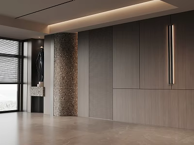 Modern Background Wall with Wooden Panels Stone Clad Column and Lighting Strip in Sleek Design 3d model
