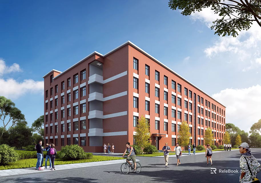 Red Brick Multi Story School Building With Students Trees And Road Area 3d model