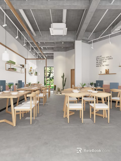Modern Minimalist Restaurant Interior Design With Wooden Dining Tables Chairs Green Plants And Open Layout 3d model 