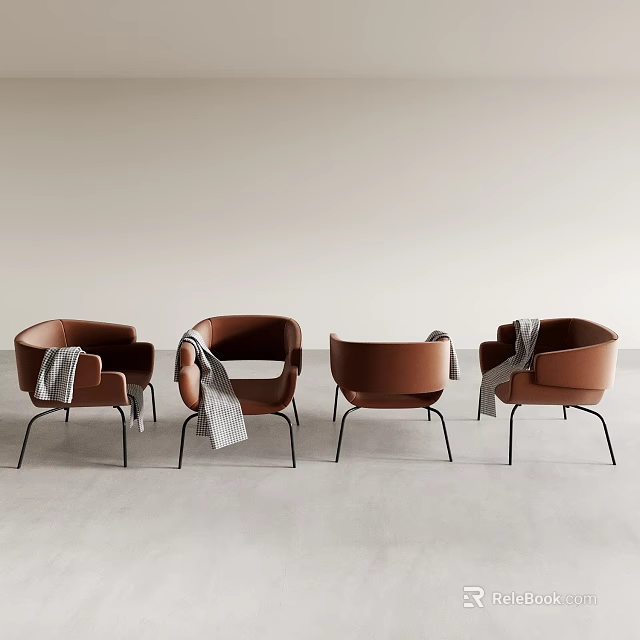 Modern Brown Leather Accent Chairs with Gray Blankets and Black Metal Legs 3d model 
